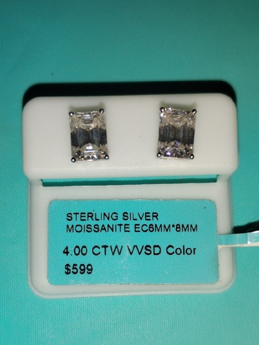 Sterling Silver Emerald-Cut Moissanite Stud Earrings - Clear - Picture 3 of 4
